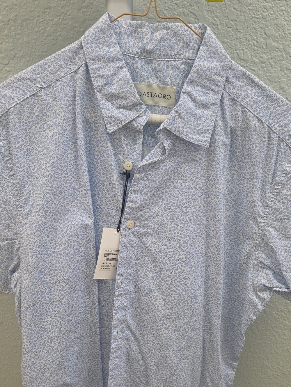 Coastaoro Men's Light Blue Micro Floral Short Sleeve Button-Down Shirt
